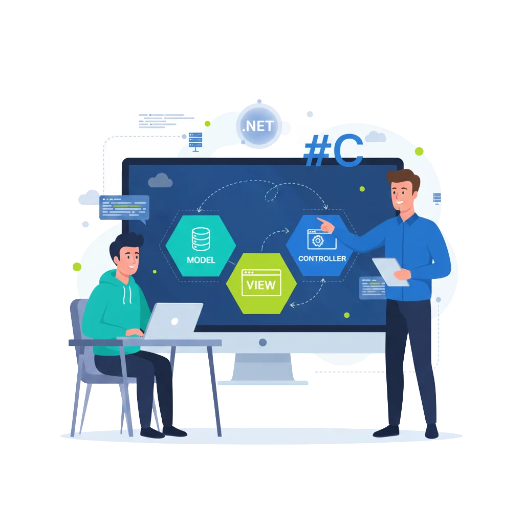 Instructor teaching model-view-controller concept to student in MVC & .NET course in Ahmedabad